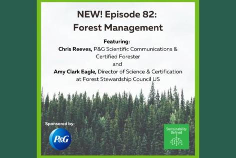 Graphic promoting Episode 82 of a podcast on forest management, featuring experts from P&G and FSC US.