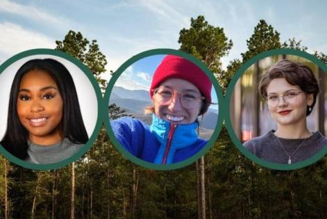 Three people are shown in circular portraits over a forest background, representing new team members.