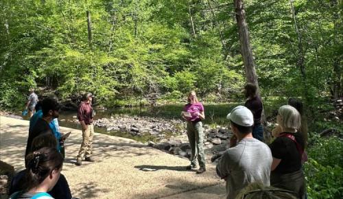 Participants gather along a creek as a presenter speaks about forest management.