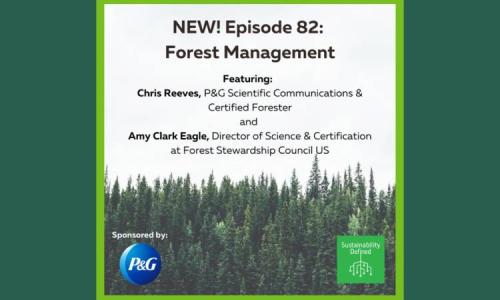 Graphic promoting Episode 82 of a podcast on forest management, featuring experts from P&G and FSC US.