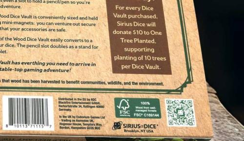 Close-up of the box text explaining that each purchase donates $10 to One Tree Planted and displaying the FSC certification label.