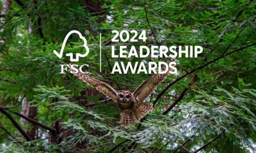 An owl flies through a forest with text reading “FSC 2024 Leadership Awards.”