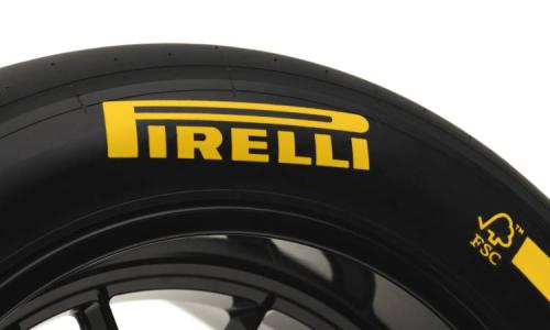 Close-up of a Pirelli tire featuring the FSC logo printed on the sidewall.