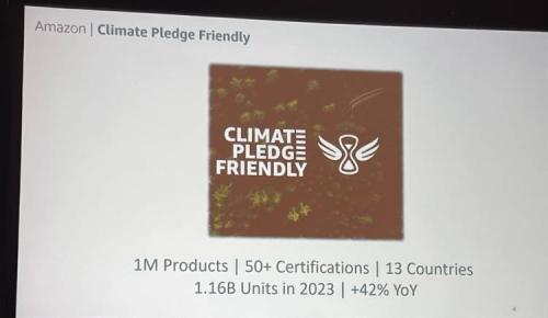 Slide presentation showing Amazon’s “Climate Pledge Friendly” initiative.